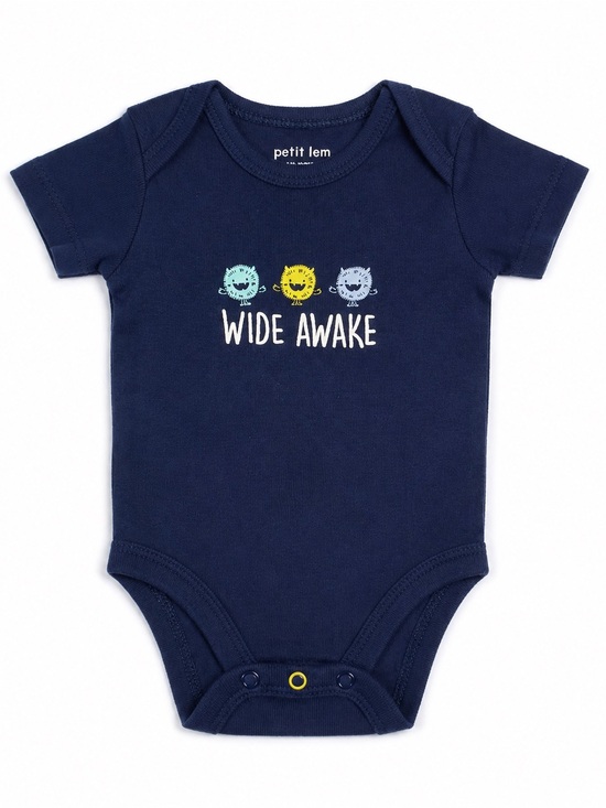 Petit Lem Other - Petit Lem Navy "Wide Awake" Short-Sleeve One-Piece with Multi-Color Faces